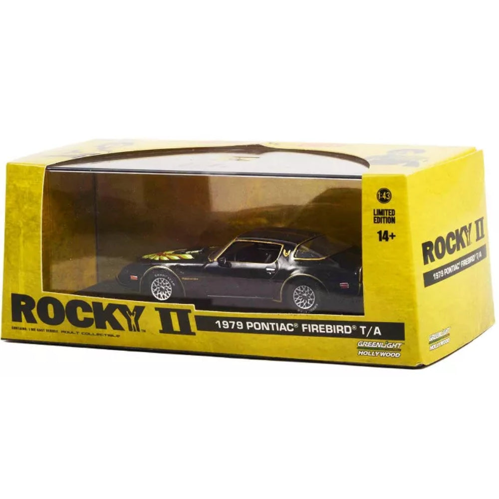 Greenlight 1979 Pontiac Firebird T/A Trans Am Black with Hood Phoenix &quot;Rocky II (1979) Movie&quot; 1/43 Diecast Model Car