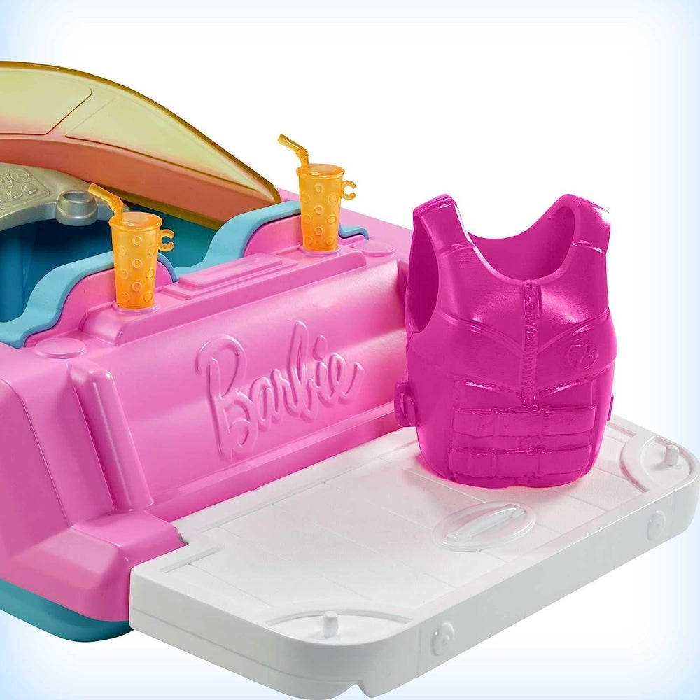 Barbie Toy Boat with Pet Puppy, Life Vest and Beverage Accessories, Fits 3 Dolls and Floats in Water