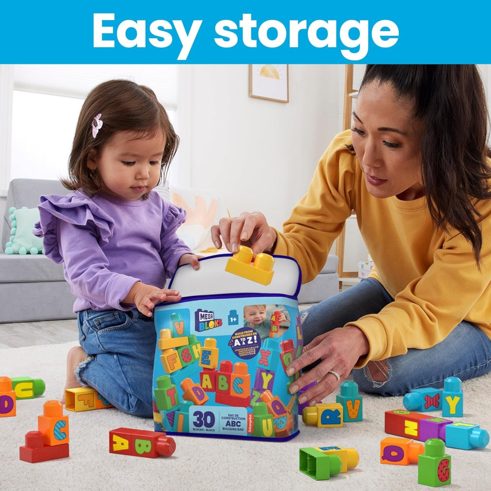 MEGA BLOKS ABC Building Bag – 30-Piece Toddler Building Blocks Set with Letters (Ages 1+)