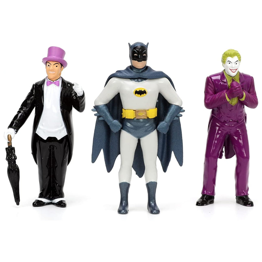 1:24 Classic TV Series Batman Batmobile Die-Cast Car &amp; 2.75&quot; Batman, Robin, Penguin, &amp; The Joker Figures
