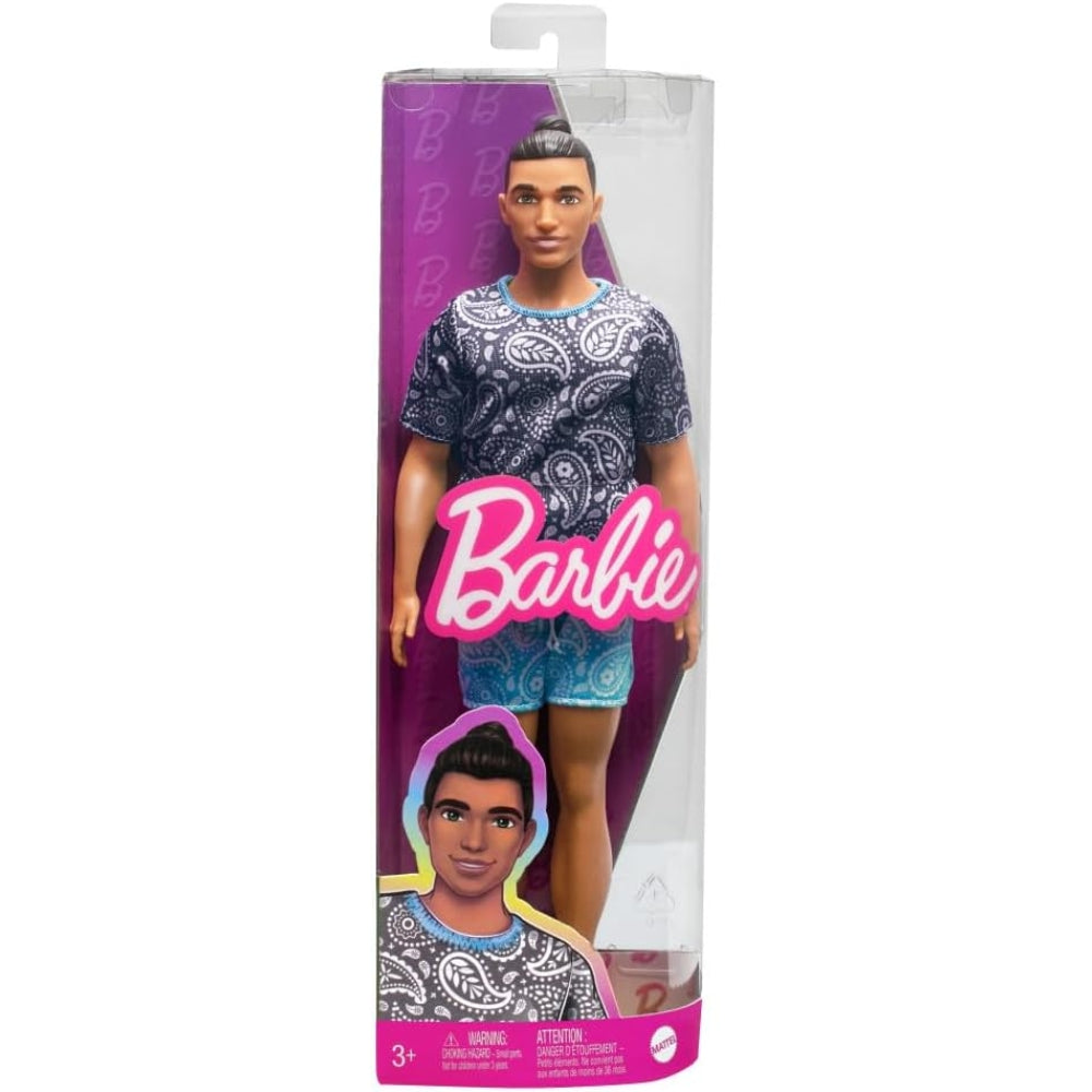 Barbie Ken Doll, Kids Toys, Fashionistas, Brown Hair in Bun, Paisley Tee and Shorts