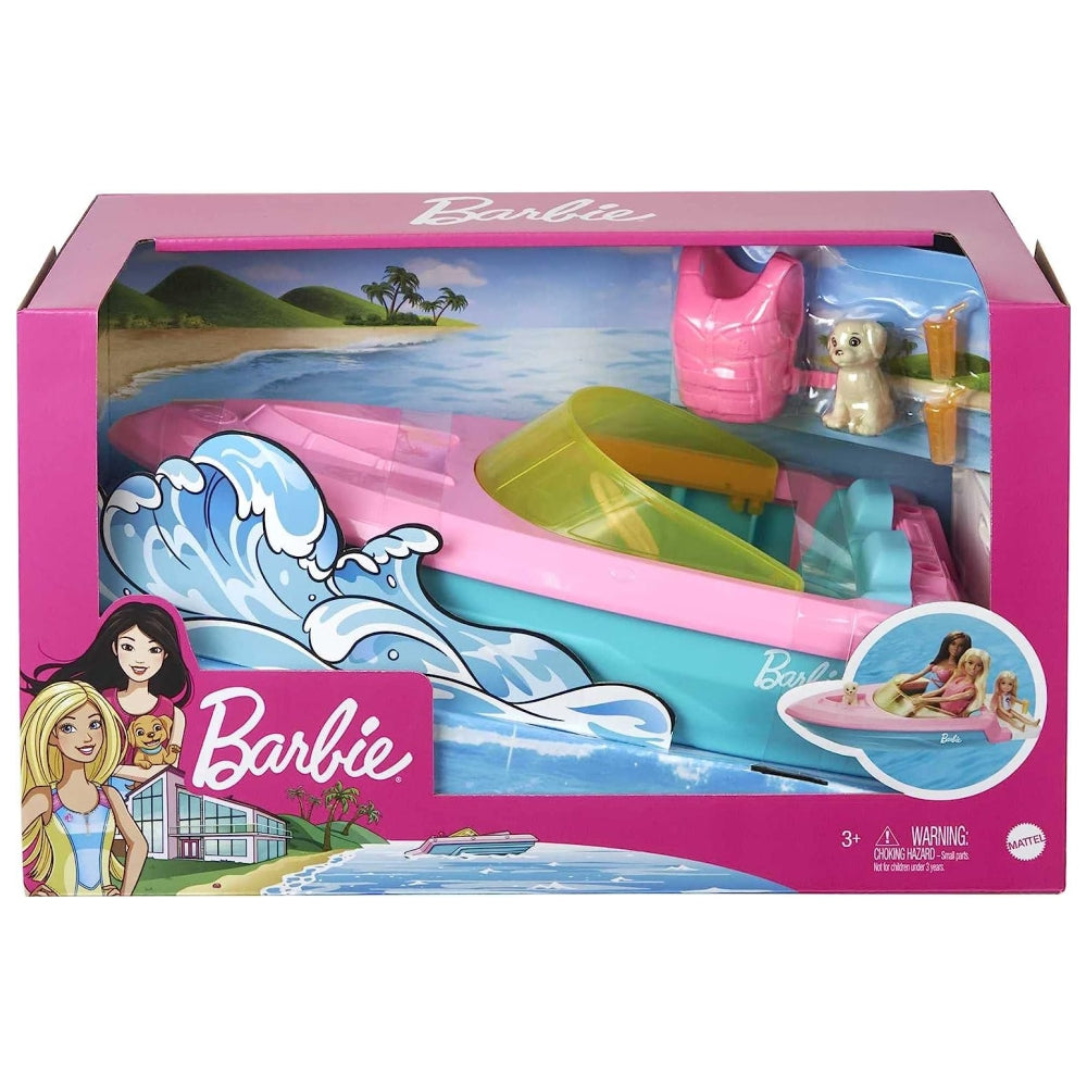 Barbie Toy Boat with Pet Puppy, Life Vest and Beverage Accessories, Fits 3 Dolls and Floats in Water