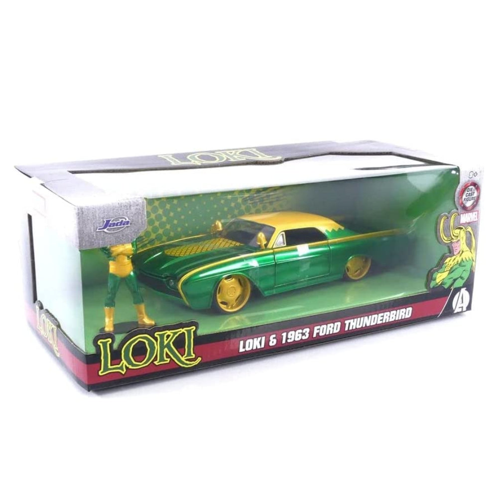 Jada Toys Marvel 1:24 1963 Ford Thunderbird Die-cast Car &amp; 2.75&#39;&#39; Loki Figure