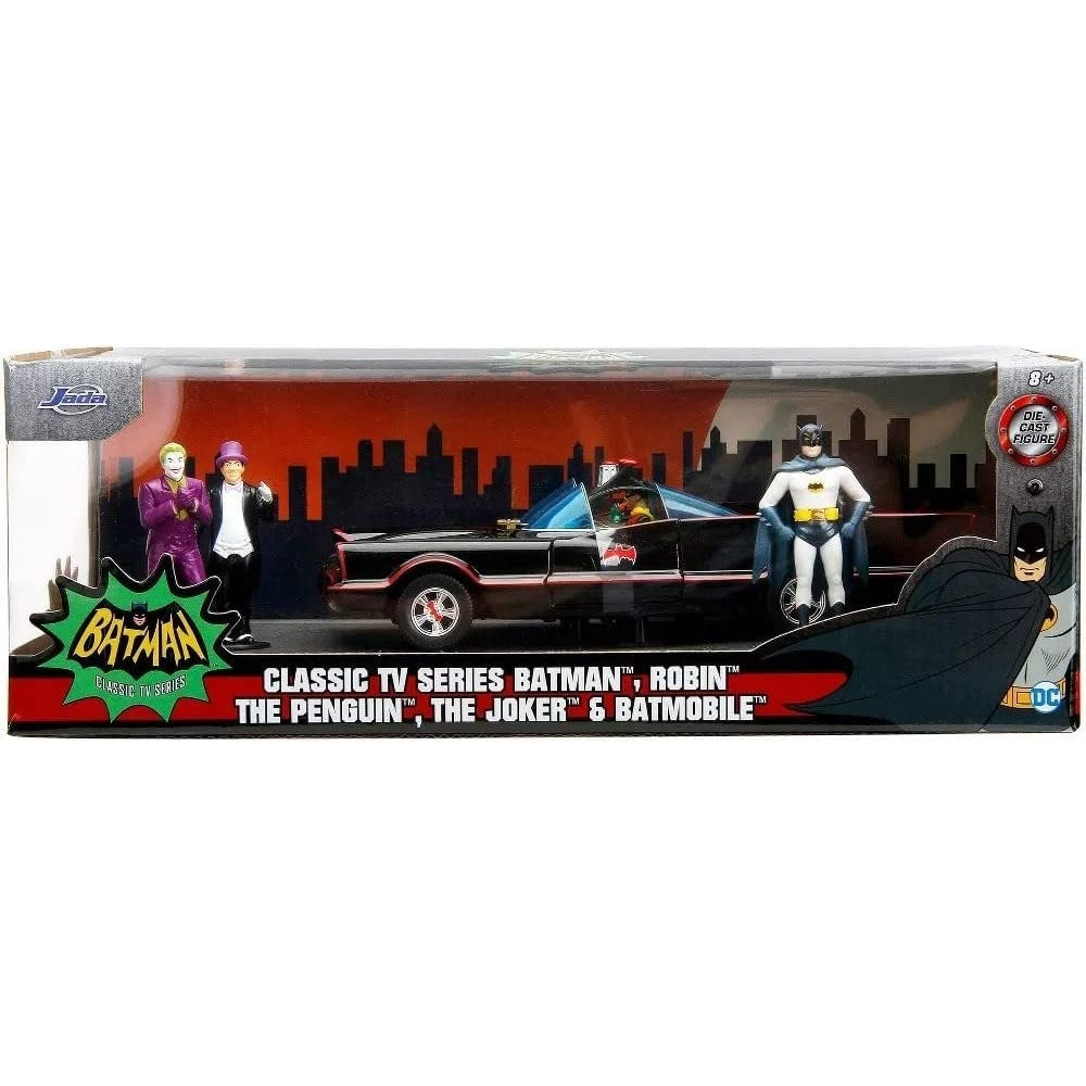 1:24 Classic TV Series Batman Batmobile Die-Cast Car &amp; 2.75&quot; Batman, Robin, Penguin, &amp; The Joker Figures
