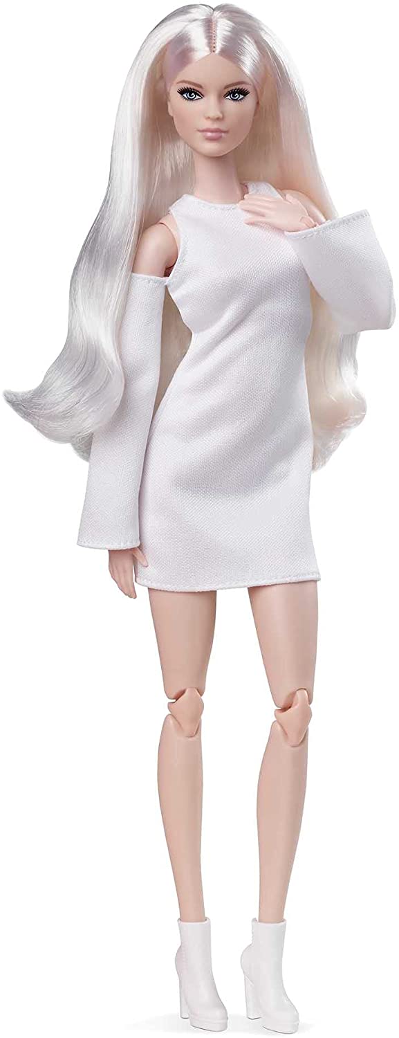Barbie Signature Looks Doll (Tall, Blonde) Fully Posable Fashion Doll Wearing White Dress &amp; Platform Boots, Gift for Collectors