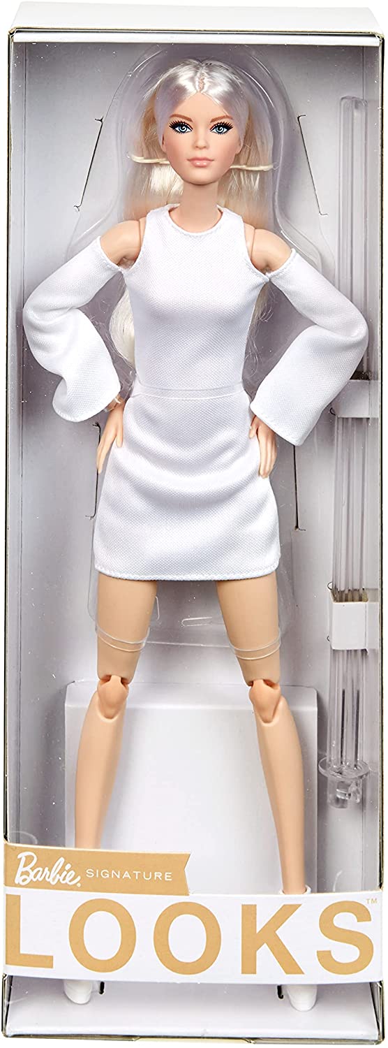 Barbie Signature Looks Doll (Tall, Blonde) Fully Posable Fashion Doll Wearing White Dress &amp; Platform Boots, Gift for Collectors