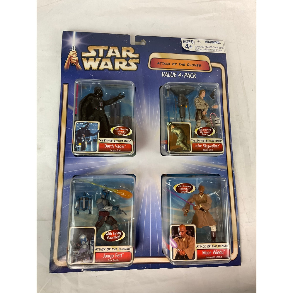 Star Wars Attack Of The Clones Action Figure Value 4 Pack - Darth Vader, Luke Skywalker, Jango Fett, Mace Windu