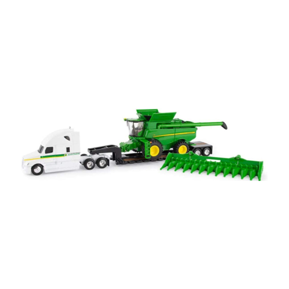John Deere S780 Combine with Freightliner and Lowboy Trailer 1/64 Scale