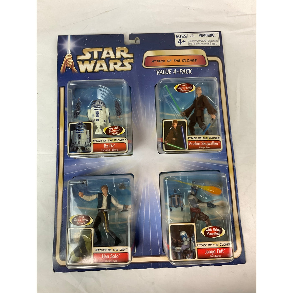 Star Wars Attack Of The Clones Action Figure Value 4 Pack - R2-D2, Anakin Skywalker, Han Solo, Jango Fett