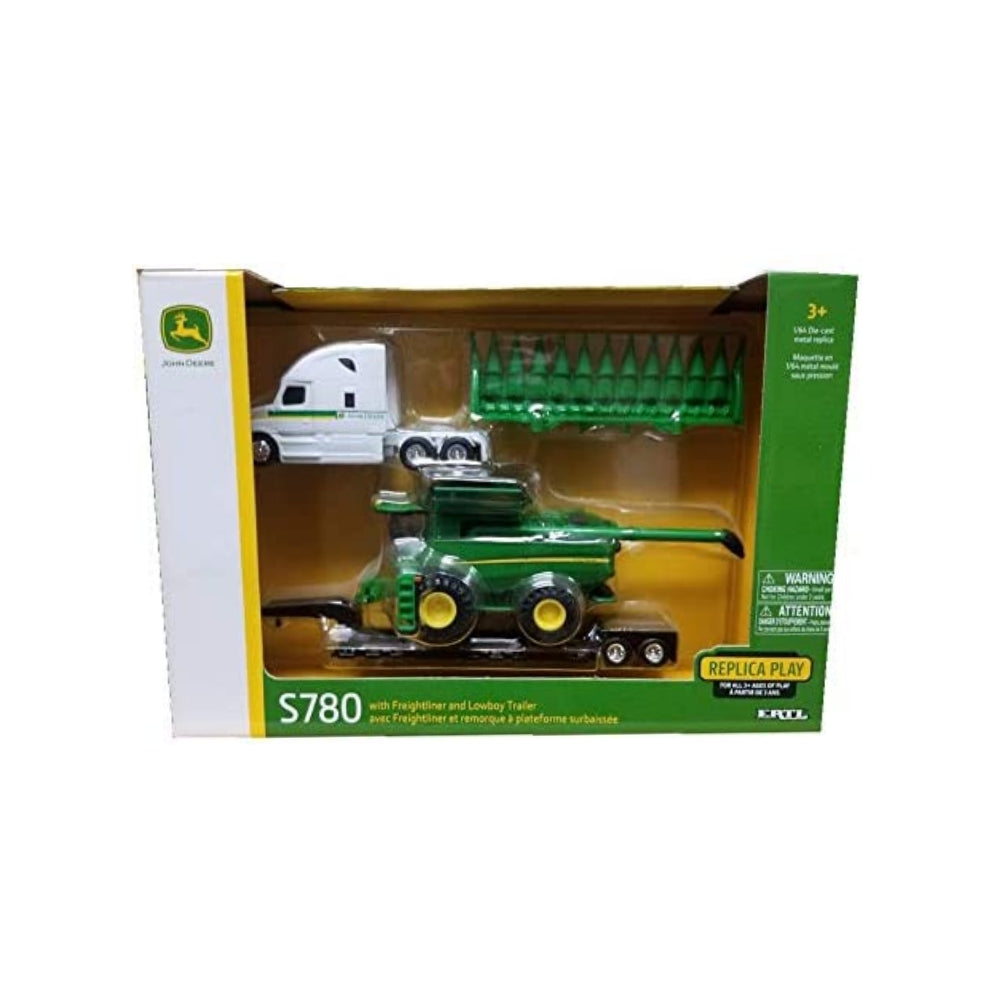 John Deere S780 Combine with Freightliner and Lowboy Trailer 1/64 Scale