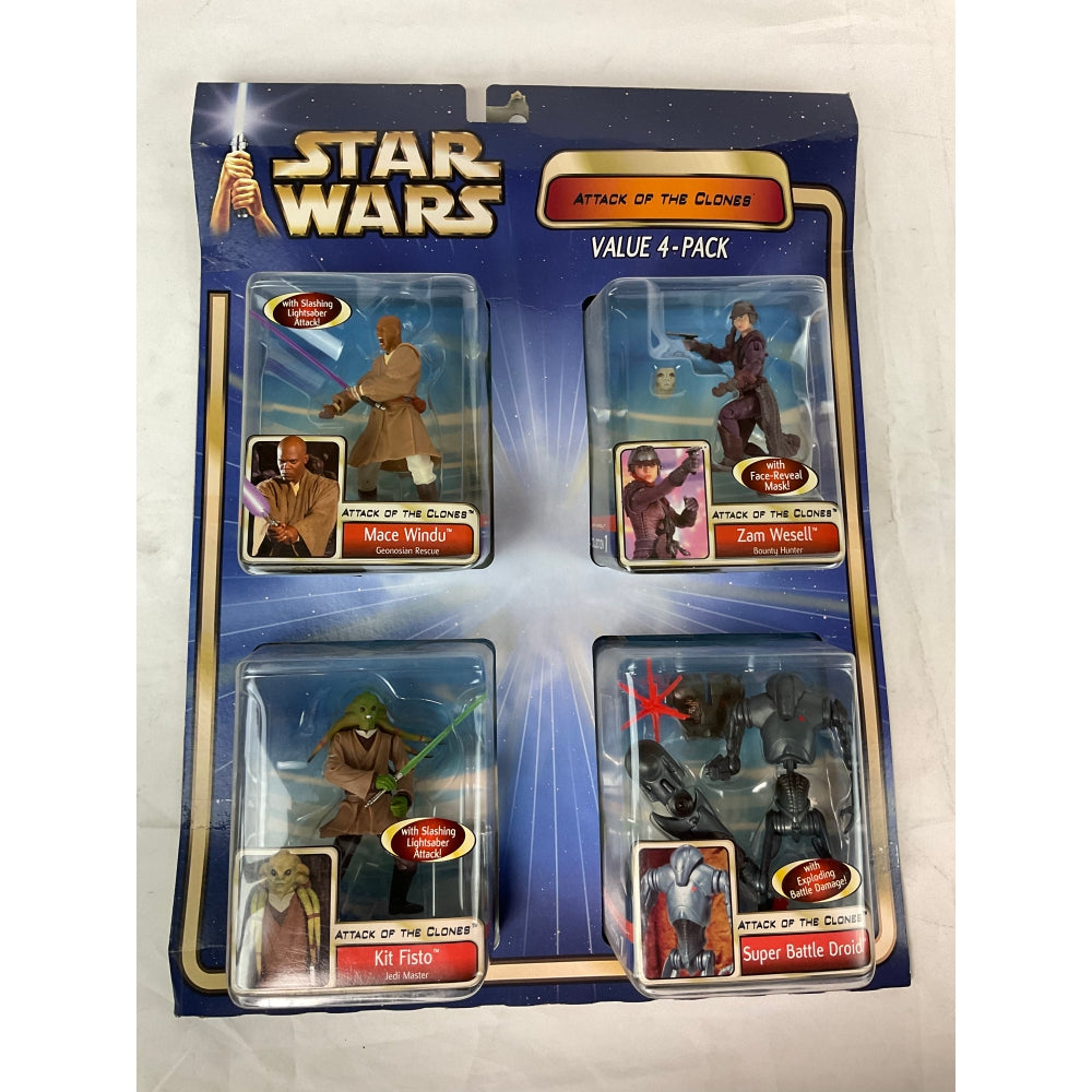 Star Wars Attack Of The Clones Action Figure Value 4 Pack - Mace Windu, Zam Wesell, Kit Fisto, Super Battle Droid