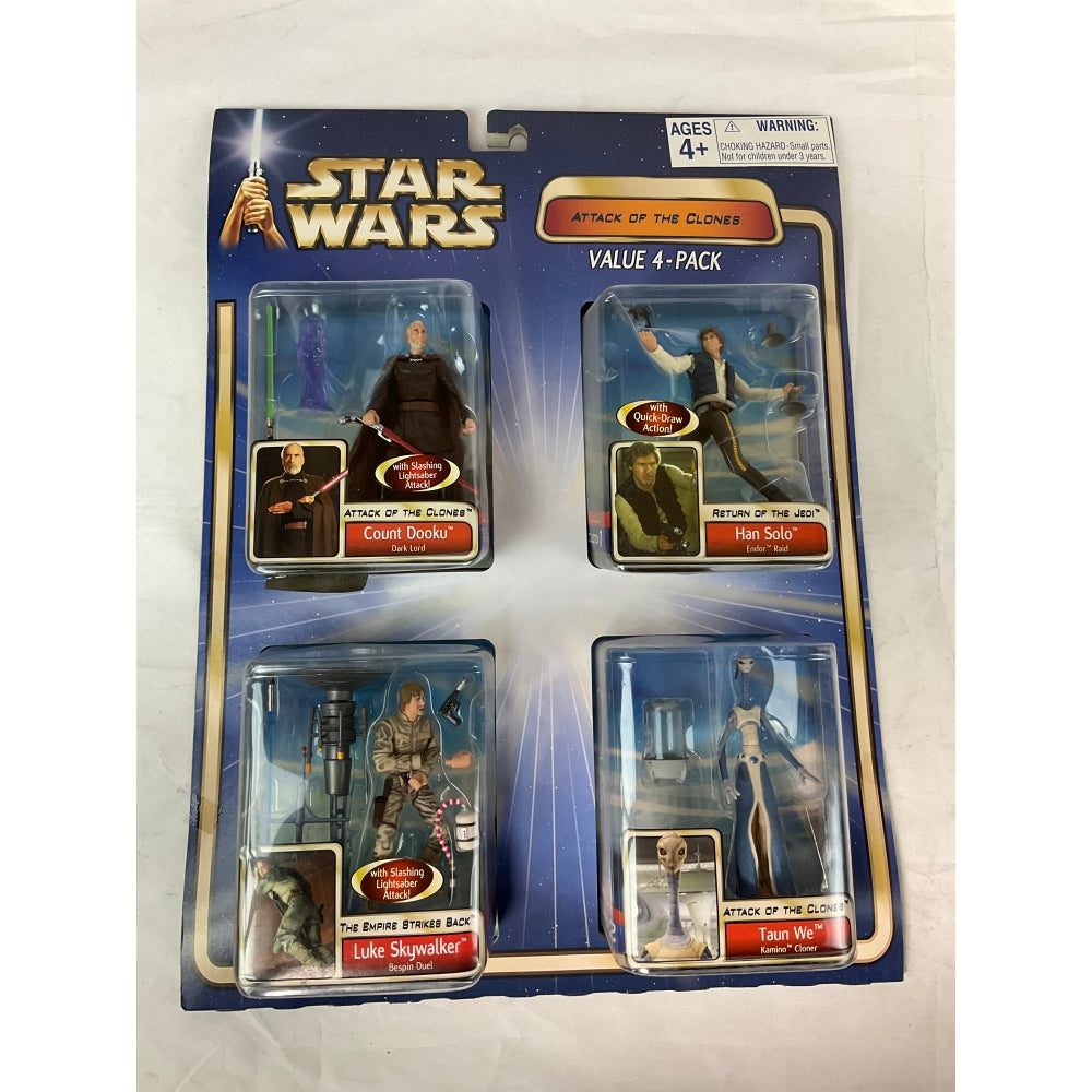 Star Wars Attack Of The Clones Action Figure Value 4 Pack - Count Dooku, Han Solo, Luke Skywalker, Taun We
