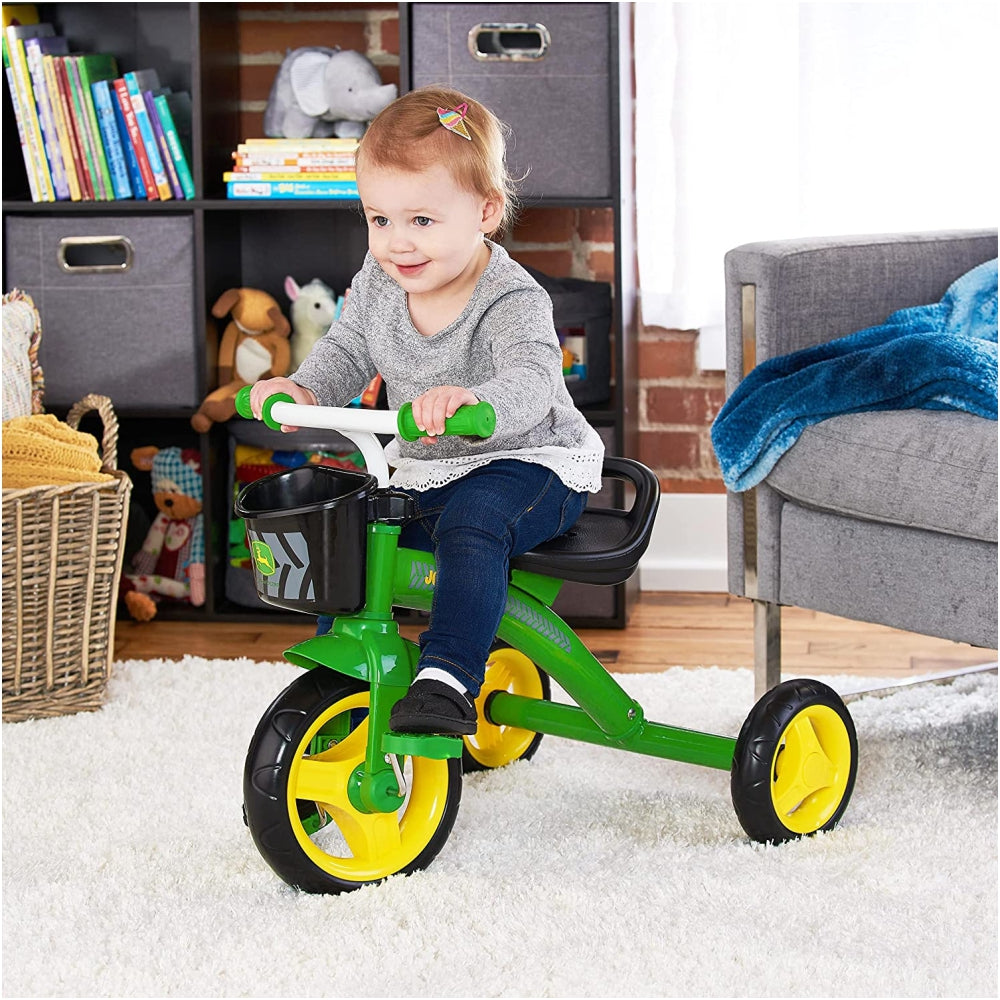 John Deere Heavy Duty Ride On Toys Tricycle with Basket for Kids, Green