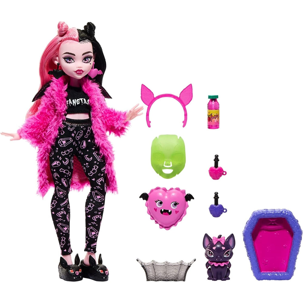 Monster High Doll and Sleepover Accessories, Draculaura Doll Pet Bat Count Fabulous, Creepover Party