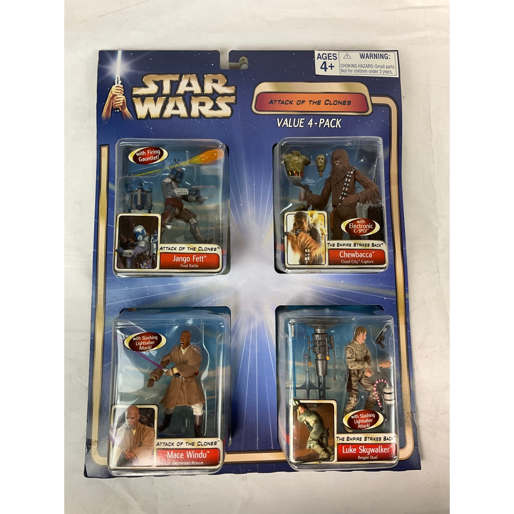 Star Wars Attack Of The Clones Action Figure Value 4 Pack - Jango Fett, Chewbacca, Maca Windu, Luke Skywalker